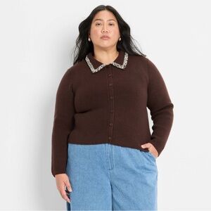 Brown Embellished Collard Cardigan Sweater Future Collective - NWT szXXL
